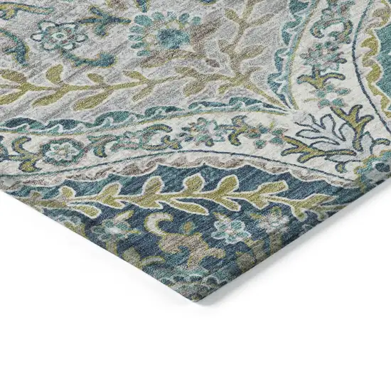 Teal Blue Fern Green And Beige Floral Washable Indoor Outdoor Area Rug Photo 9