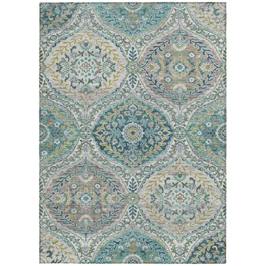 Teal Blue Fern Green And Beige Floral Washable Indoor Outdoor Area Rug Photo 1