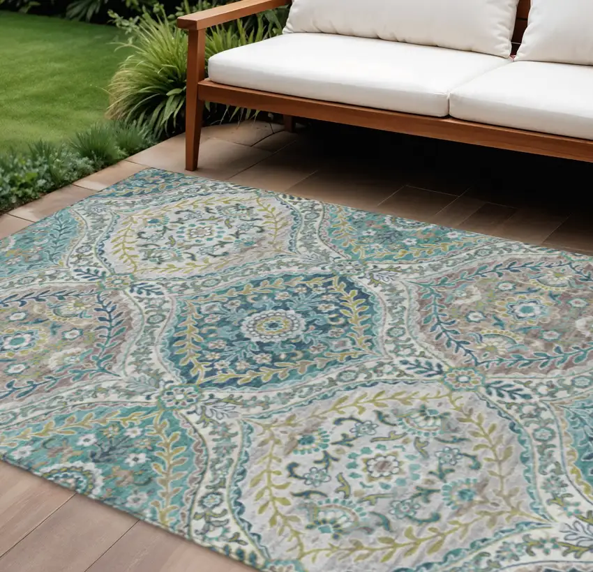 Teal Blue Fern Green And Beige Floral Washable Indoor Outdoor Area Rug Photo 2