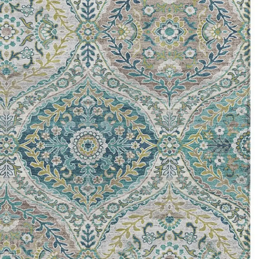 Teal Blue Fern Green And Beige Floral Washable Indoor Outdoor Area Rug Photo 3