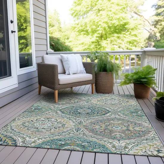 Teal Blue Fern Green And Beige Floral Washable Indoor Outdoor Area Rug Photo 6