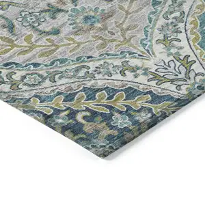 Photo of Teal Blue Fern Green And Beige Floral Washable Indoor Outdoor Area Rug