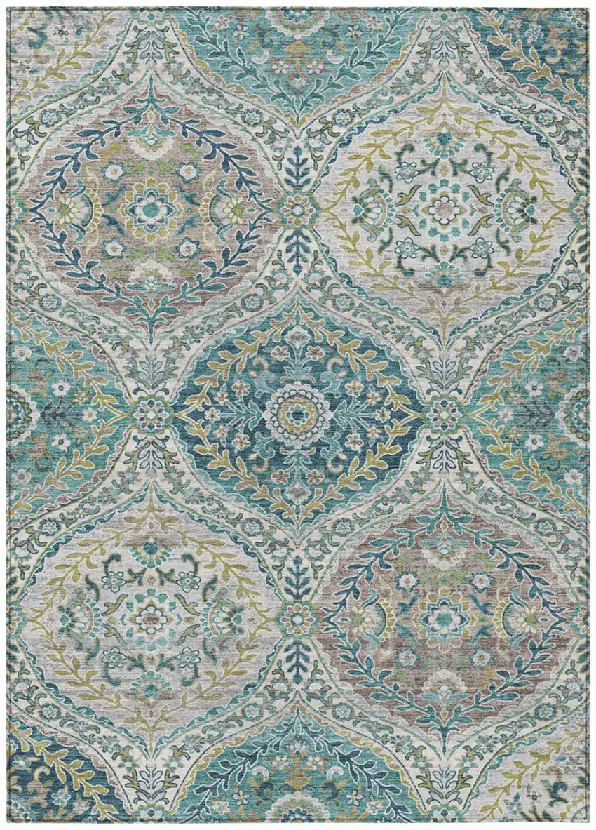 Teal Blue Fern Green And Beige Floral Washable Indoor Outdoor Area Rug Photo 7