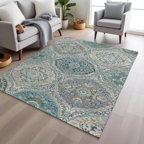 Teal Blue Fern Green And Beige Floral Washable Indoor Outdoor Area Rug Photo 4