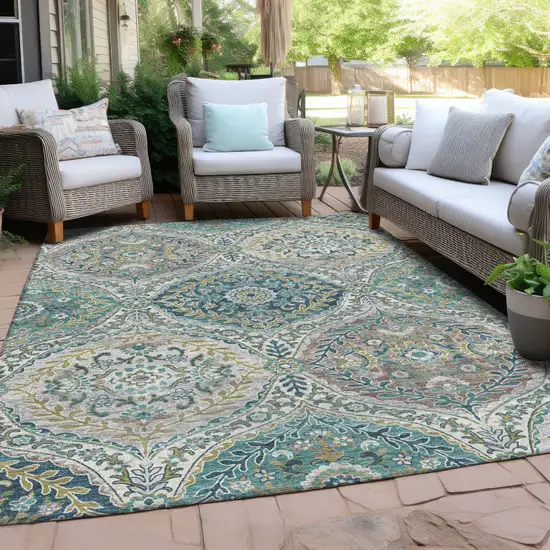 Teal Blue Fern Green And Beige Floral Washable Indoor Outdoor Area Rug Photo 3