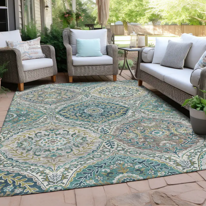 Teal Blue Fern Green And Beige Floral Washable Indoor Outdoor Area Rug Photo 3