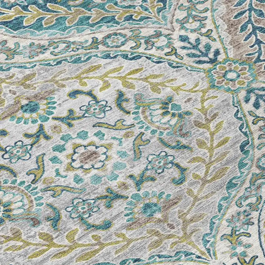 Teal Blue Fern Green And Beige Floral Washable Indoor Outdoor Area Rug Photo 8