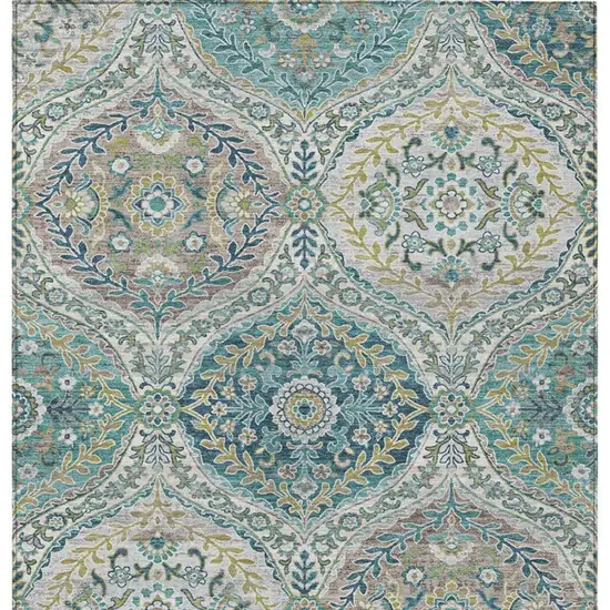 Teal Blue Fern Green And Beige Floral Washable Indoor Outdoor Area Rug Photo 9