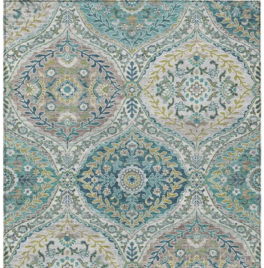 Teal Blue Fern Green And Beige Floral Washable Indoor Outdoor Area Rug Photo 9