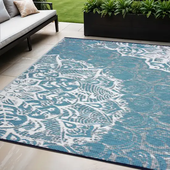 Teal Blue Floral Indoor Outdoor Area Rug Photo 1
