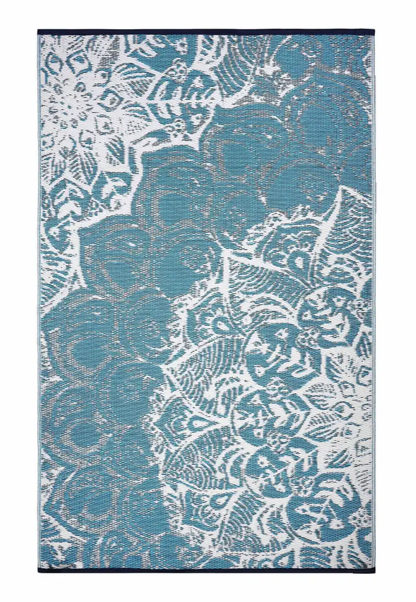 Teal Blue Floral Indoor Outdoor Area Rug Photo 5