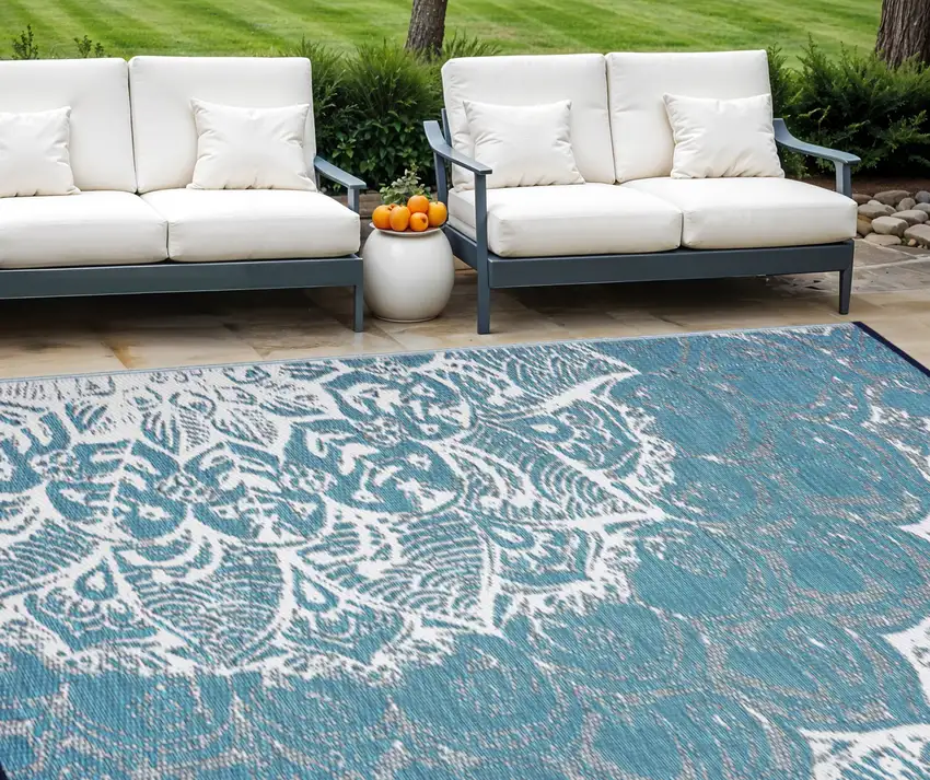 Teal Blue Floral Indoor Outdoor Area Rug Photo 1
