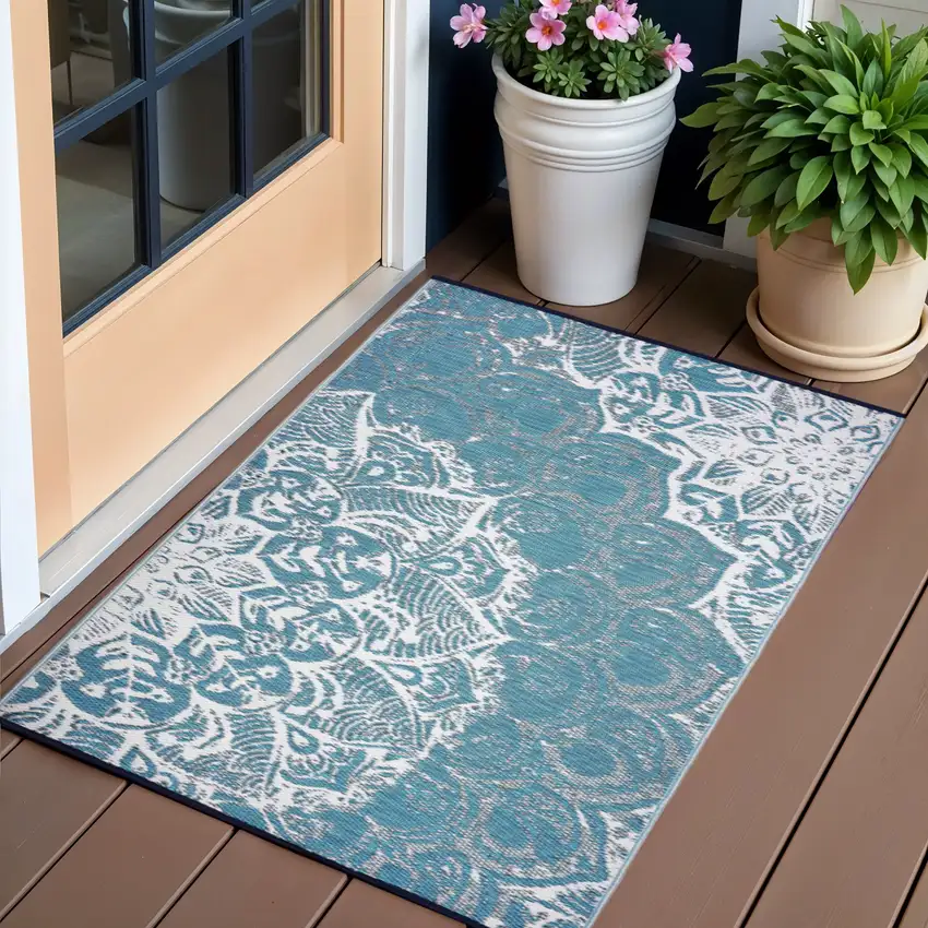 Teal Blue Floral Indoor Outdoor Area Rug Photo 1