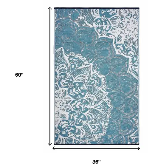 Teal Blue Floral Indoor Outdoor Area Rug Photo 3