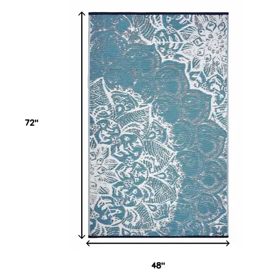 Teal Blue Floral Machine Braided Distressed Area Rug With UV Protection Photo 3