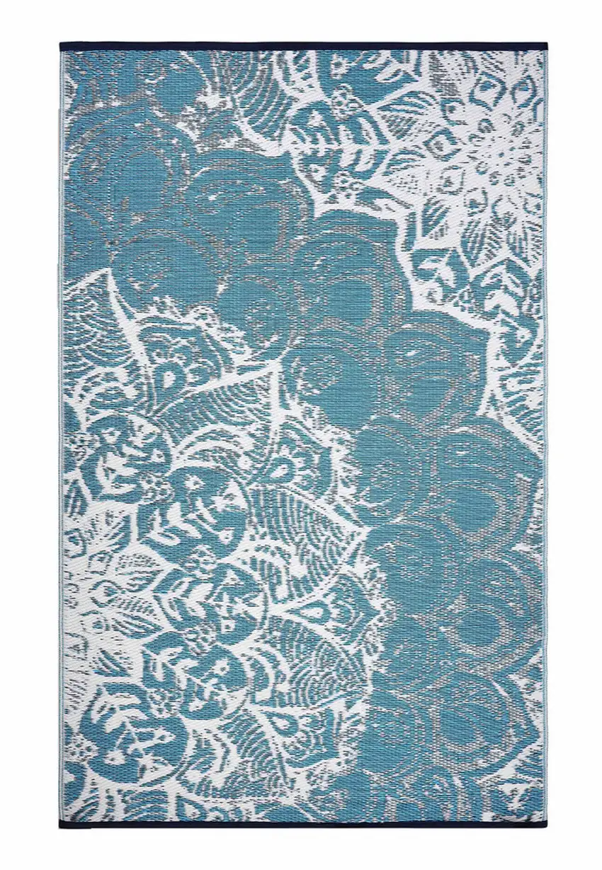 Teal Blue Floral Machine Braided Distressed Area Rug With UV Protection Photo 2