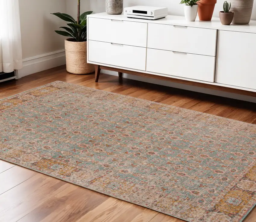 Teal Red and Orange Floral Power Loom Area Rug Photo 1