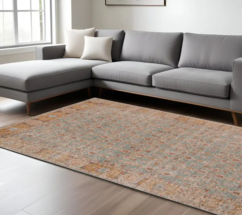 Teal Red and Orange Floral Power Loom Area Rug Photo 1