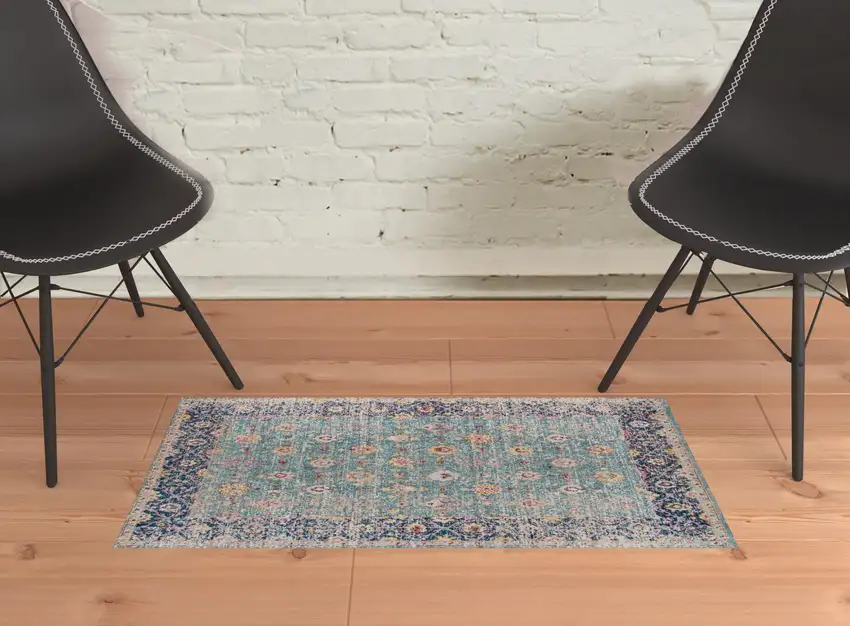 Teal Blue Floral Power Loom Area Rug With Fringe Photo 4