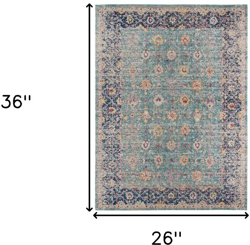 Teal Blue Floral Power Loom Area Rug With Fringe Photo 7