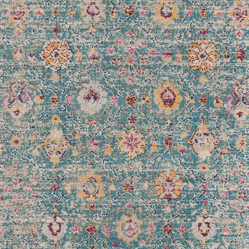 Teal Blue Floral Power Loom Area Rug With Fringe Photo 8