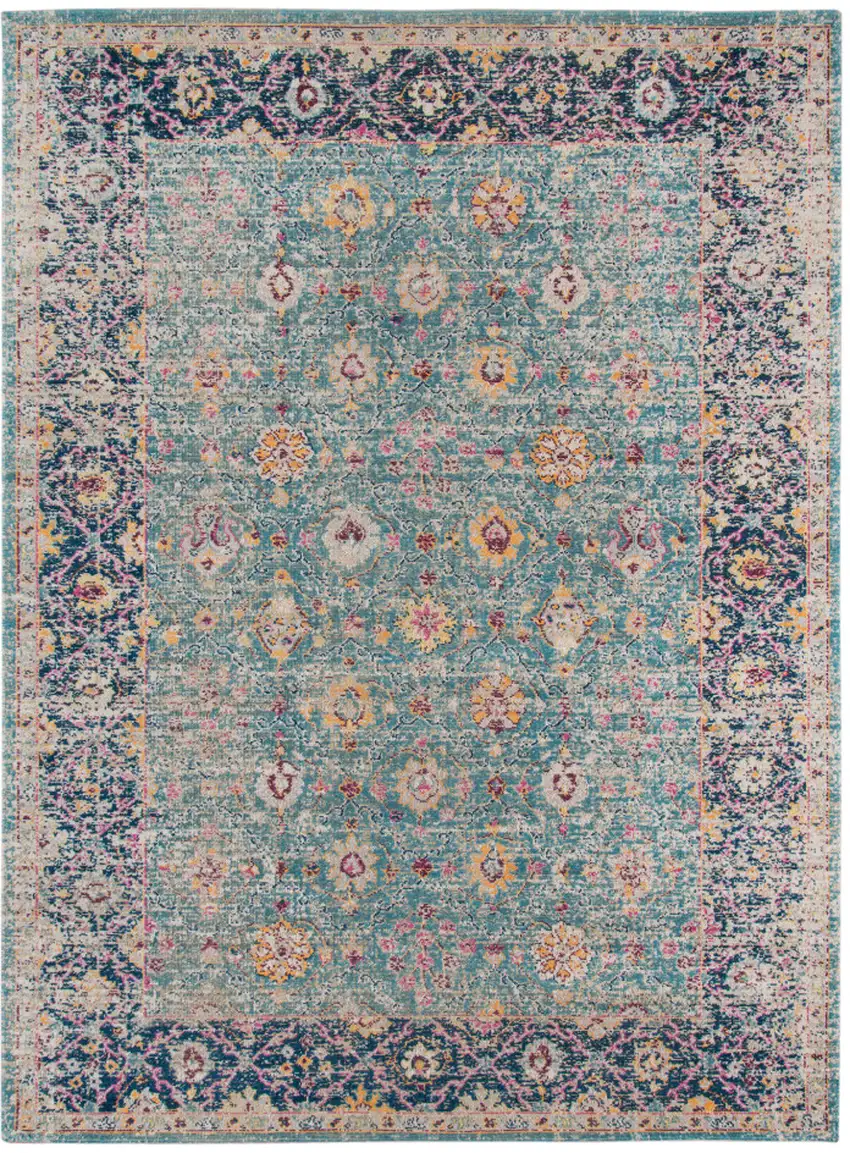 Teal Blue Floral Power Loom Area Rug With Fringe Photo 1