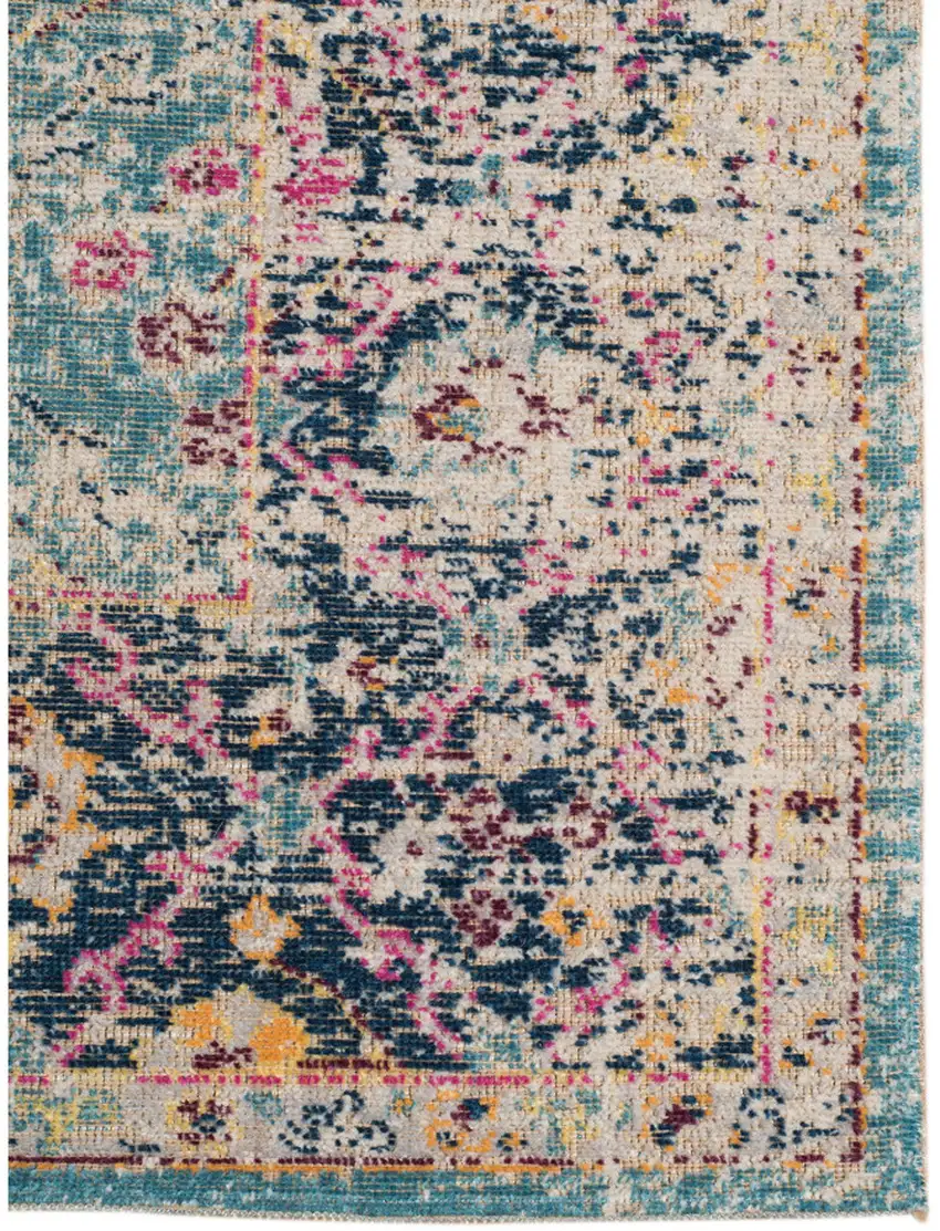 Teal Blue Floral Power Loom Area Rug With Fringe Photo 2