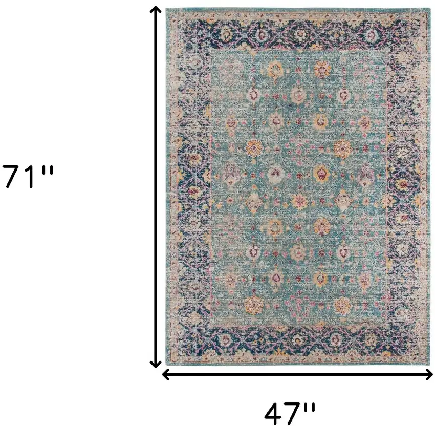 Teal Blue Floral Power Loom Area Rug With Fringe Photo 7