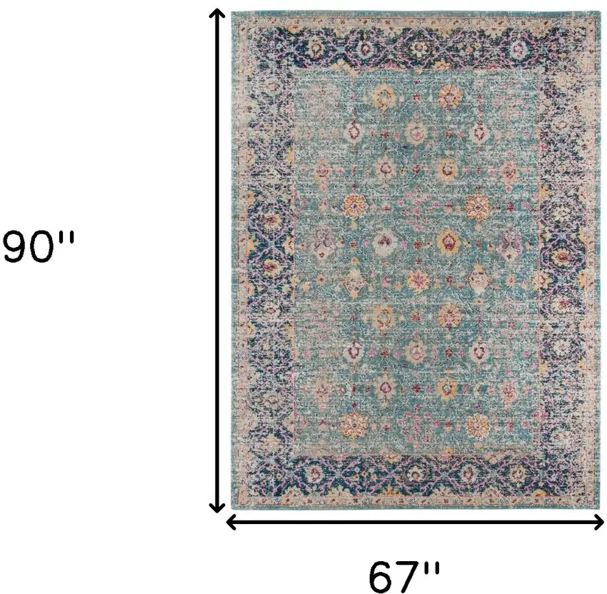 Teal Blue Floral Power Loom Area Rug With Fringe Photo 7