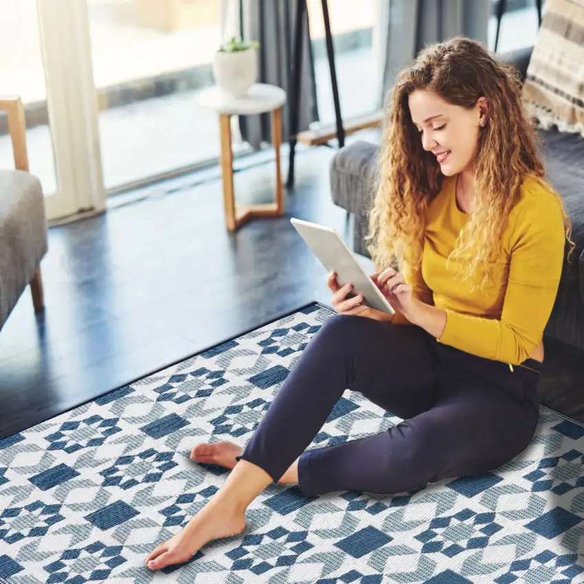 Teal Blue Geometric Indoor Outdoor Area Rug Photo 6