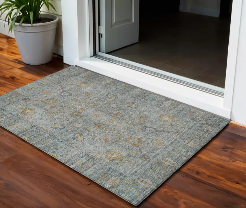Teal Blue Gold And Beige Oriental Washable Indoor Outdoor Area Rug Photo 1