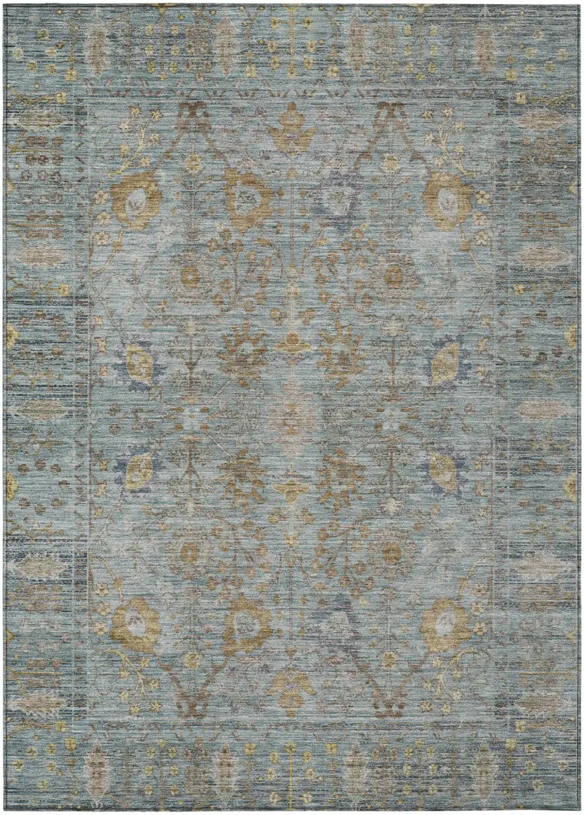 Teal Blue Gold And Beige Oriental Washable Indoor Outdoor Area Rug Photo 2