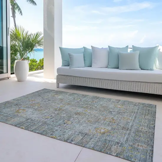 Teal Blue Gold And Beige Oriental Washable Indoor Outdoor Area Rug Photo 8