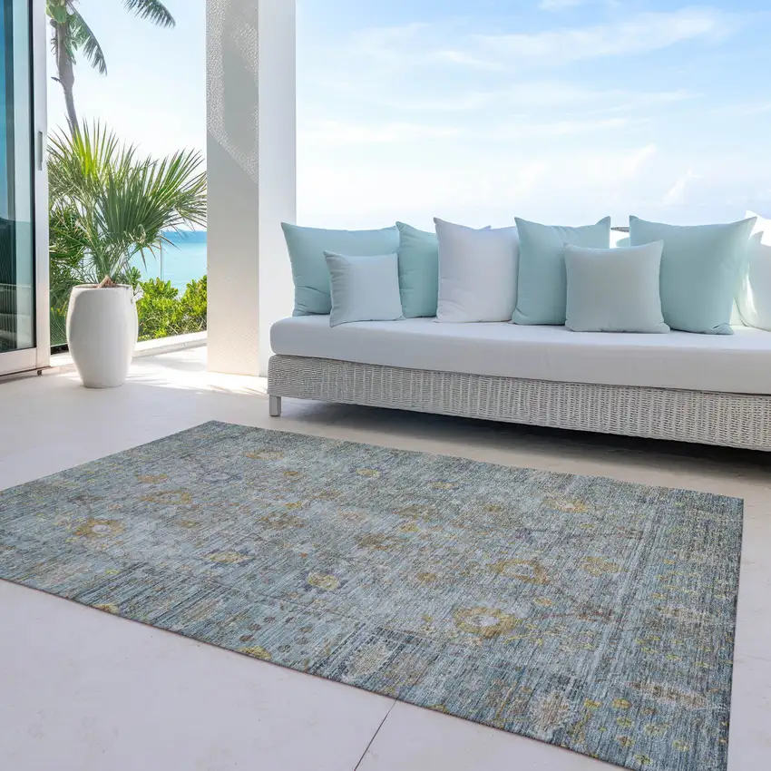 Teal Blue Gold And Beige Oriental Washable Indoor Outdoor Area Rug Photo 8