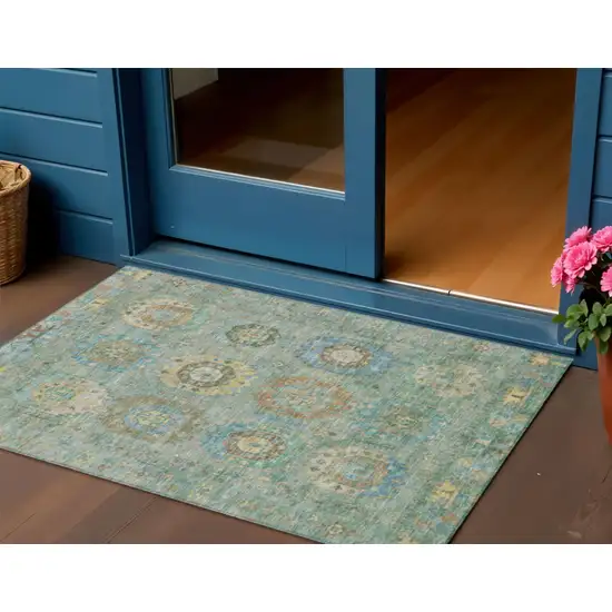 Teal Blue Gold And Copper Medallion Washable Indoor Outdoor Area Rug Photo 1