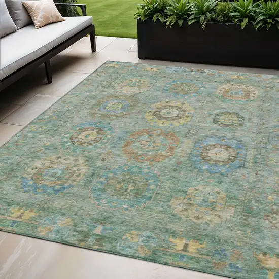Teal Blue Gold And Copper Medallion Washable Indoor Outdoor Area Rug Photo 1