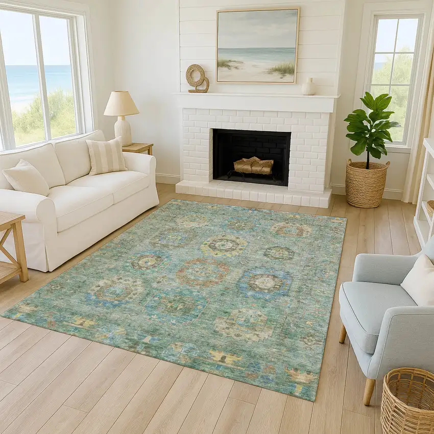 Teal Blue Gold And Copper Medallion Washable Indoor Outdoor Area Rug Photo 9