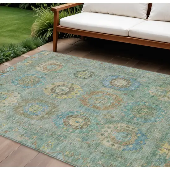 Teal Blue Gold And Copper Medallion Washable Indoor Outdoor Area Rug Photo 1