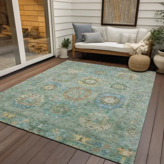 Teal Blue Gold And Copper Medallion Washable Indoor Outdoor Area Rug Photo 9
