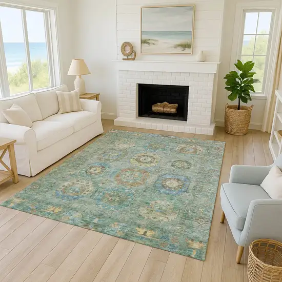 Teal Blue Gold And Copper Medallion Washable Indoor Outdoor Area Rug Photo 8