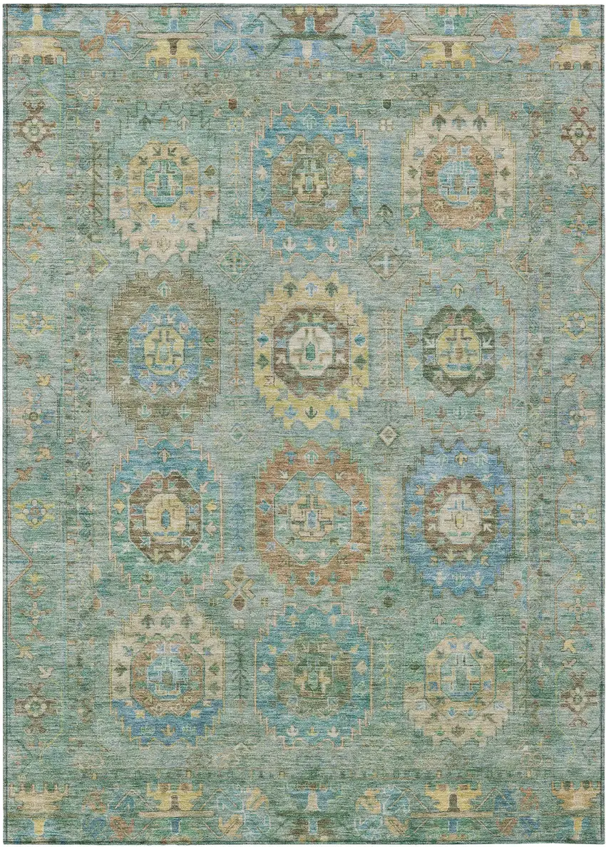 Teal Blue Gold And Copper Medallion Washable Indoor Outdoor Area Rug Photo 2