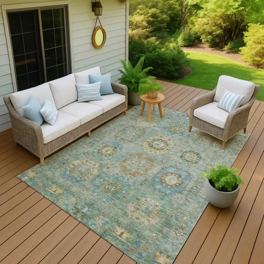Teal Blue Gold And Copper Medallion Washable Indoor Outdoor Area Rug Photo 8