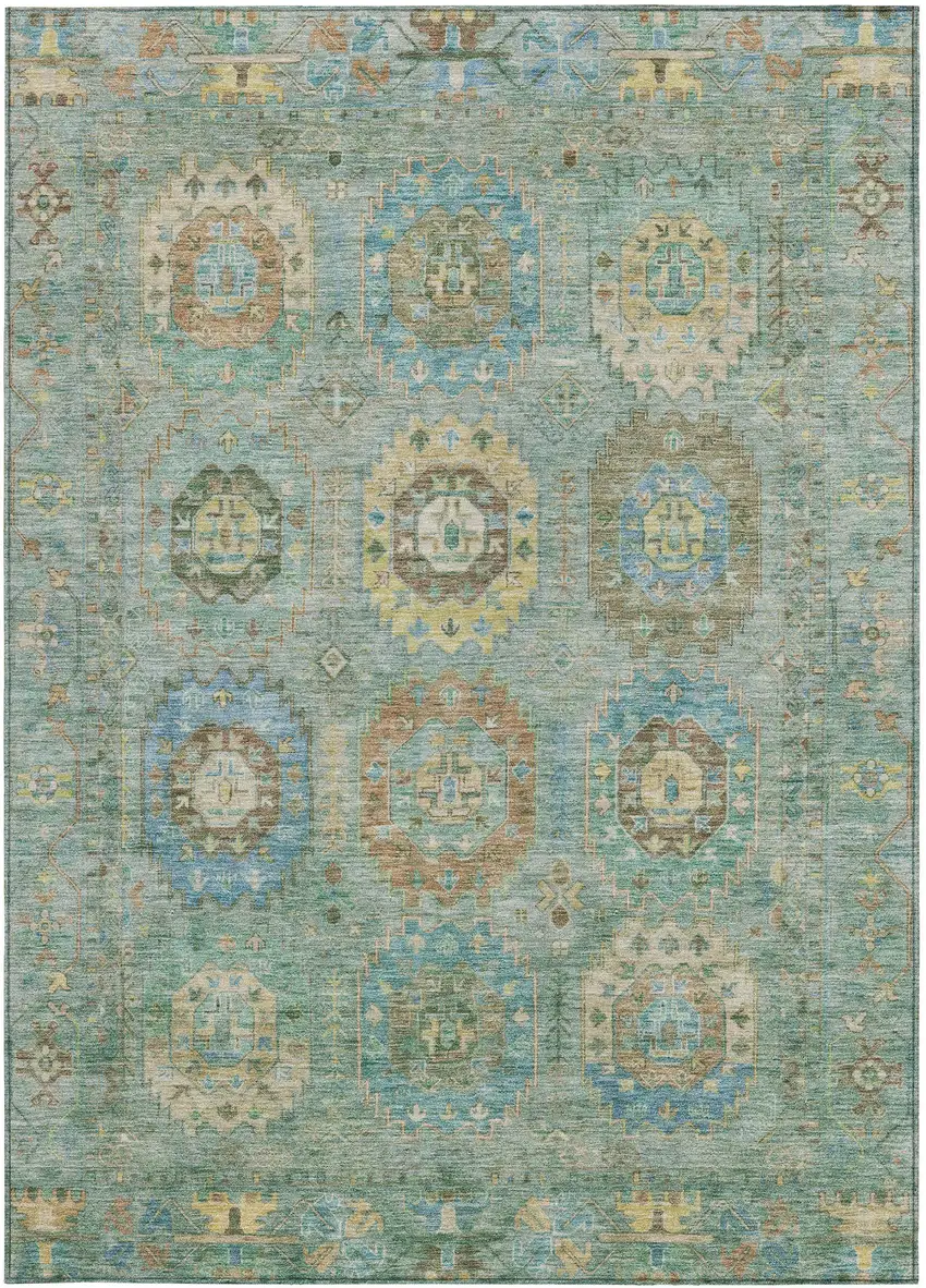 Teal Blue Gold And Copper Medallion Washable Indoor Outdoor Area Rug Photo 4