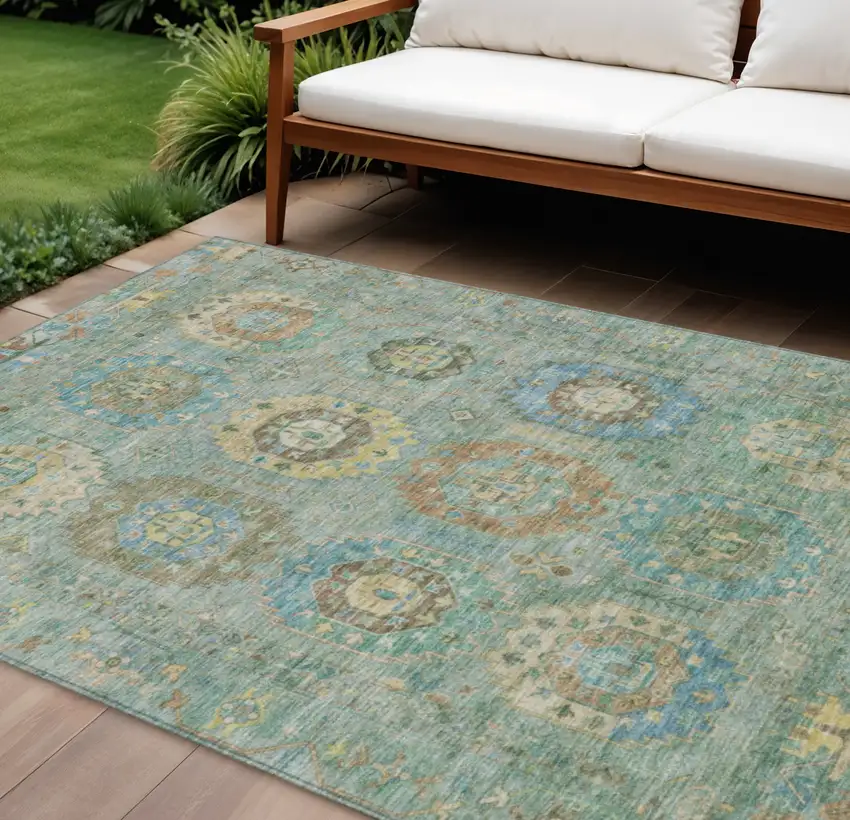 Teal Blue Gold And Copper Medallion Washable Indoor Outdoor Area Rug Photo 1