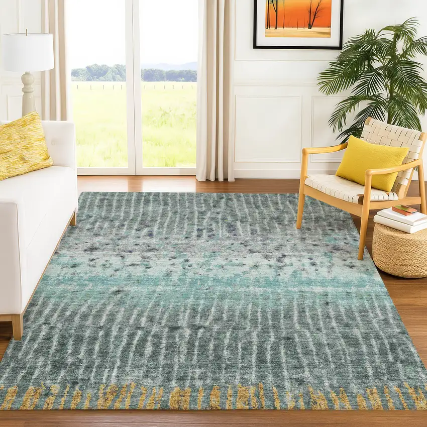 Teal Blue Gold And Gray Abstract Washable Indoor Outdoor Area Rug Photo 4
