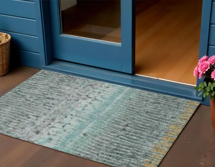 Teal Blue Gold And Gray Abstract Washable Indoor Outdoor Area Rug Photo 1