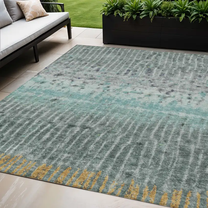 Teal Blue Gold And Gray Abstract Washable Indoor Outdoor Area Rug Photo 1