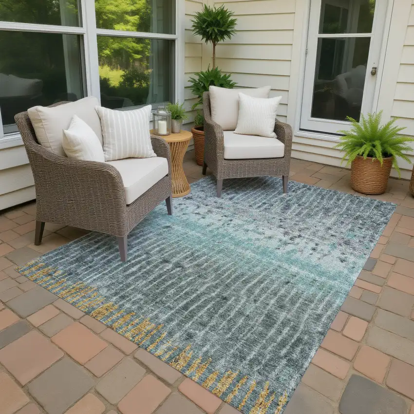 Teal Blue Gold And Gray Abstract Washable Indoor Outdoor Area Rug Photo 6