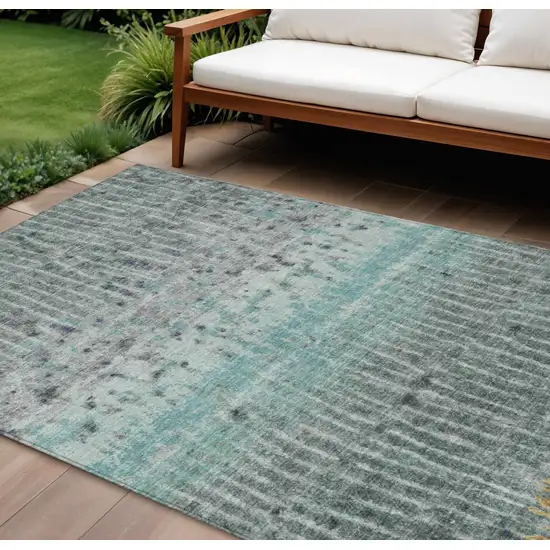 Teal Blue Gold And Gray Abstract Washable Indoor Outdoor Area Rug Photo 1