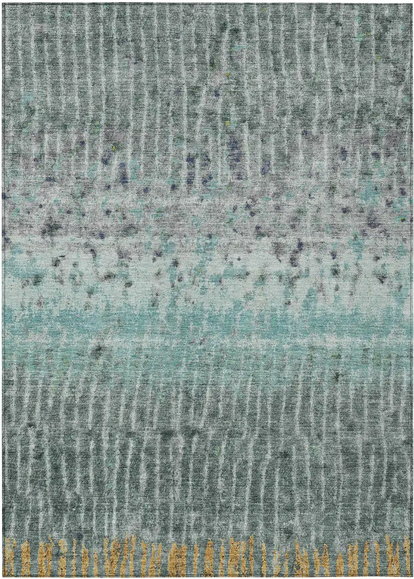 Teal Blue Gold And Gray Abstract Washable Indoor Outdoor Area Rug Photo 2
